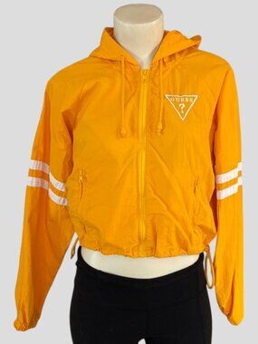 GUESS Yellow Bomber Crop Hooded Jacket White Stripe Detail